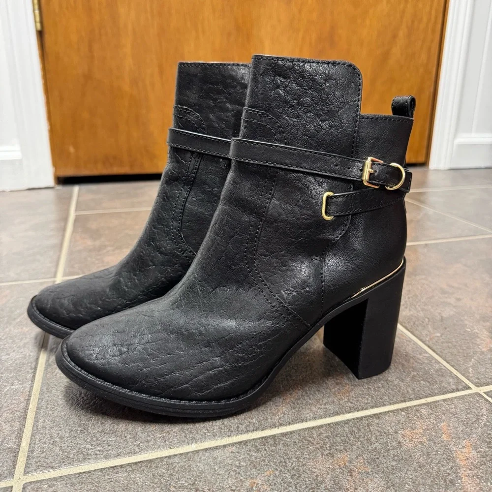 Tory Burch Kayden Buckle Strap Leather Ankle Boots Black 9.5
